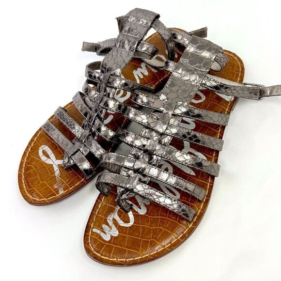 Sam Edelman GILDA Gunmetal Silver Snakeskin Open Toe Buckle Gladiator Sandals - Picture 5 of 10